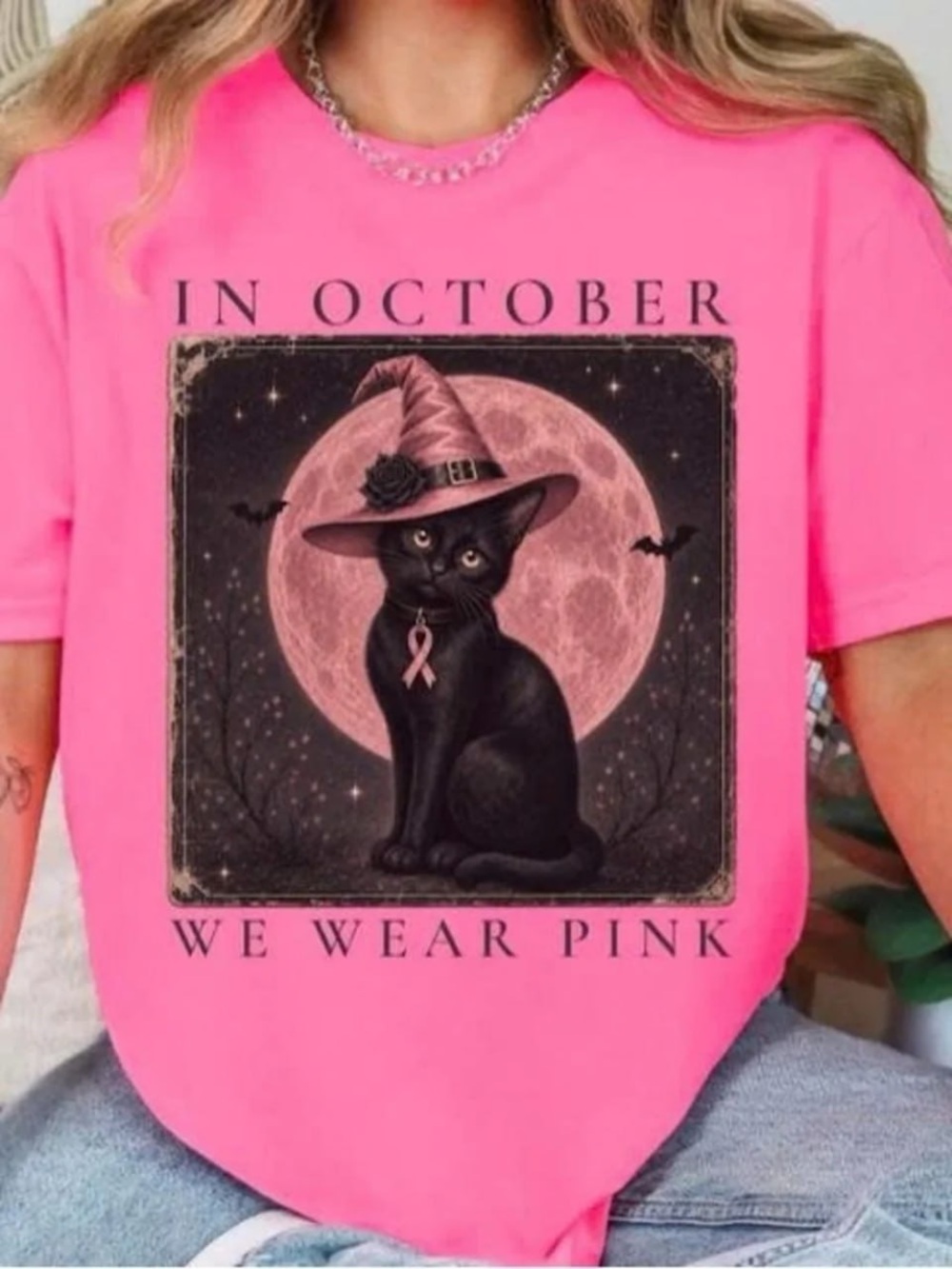 Pink Graphic Tee with Black Witch Cat